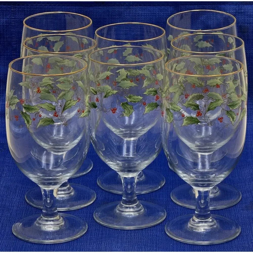 Royal Limited Holly Holiday Goblets Gold Rim Set of 8 Glasses
